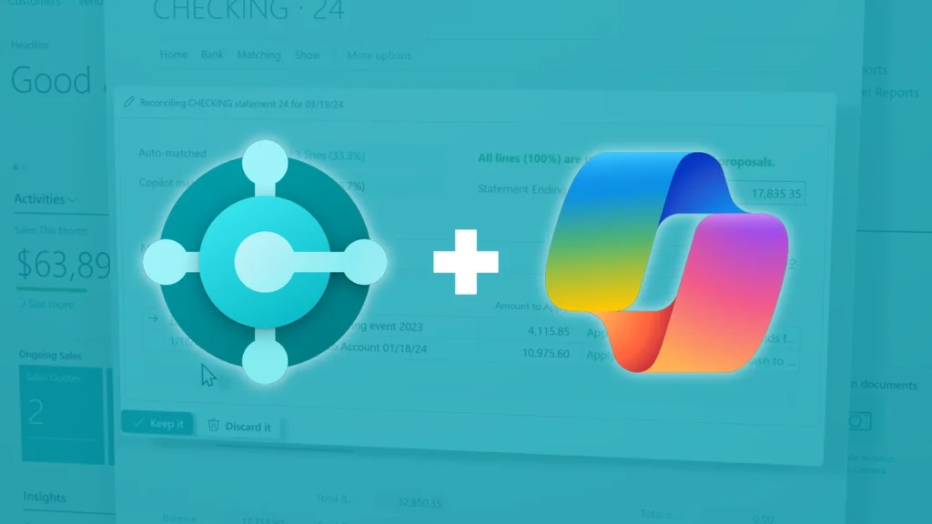 Logos de Business Central et de Copilot placés sur une capture d'écran de Copilot