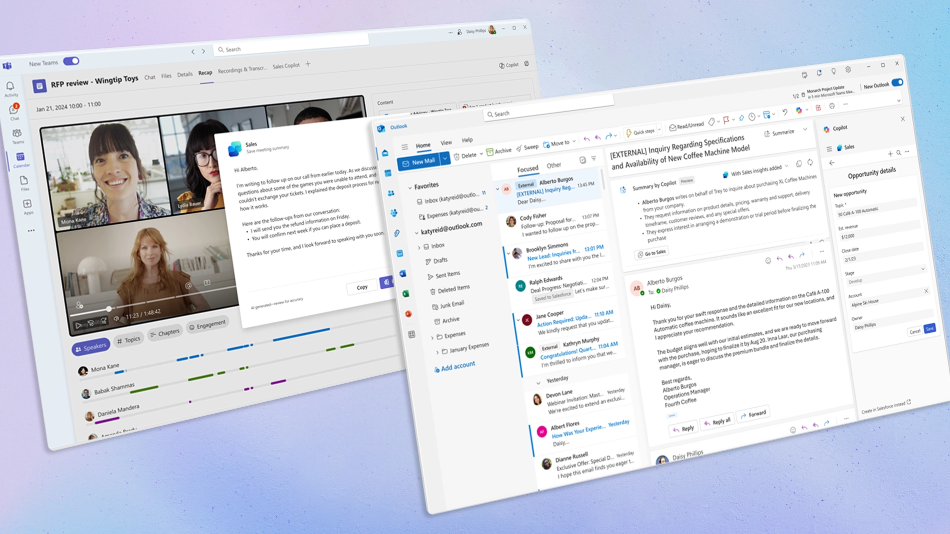Screenshot showing Microsoft Teams and Outlook with Microsoft 365 Copilot for Sales. Teams displays a recorded meeting with AI-generated meeting notes, while Outlook shows an email thread with Copilot insights and CRM opportunity details from Dynamics 365 Sales.